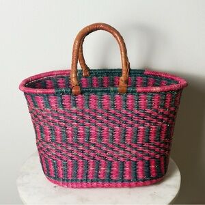 Alaffia Tote Basket Market Ghana West Africa Pink Handmade Woven Bag NWT
